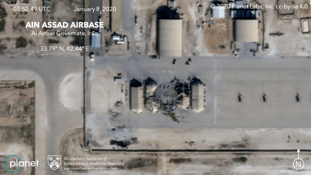 A satellite photo from the commercial company Planet shows damage to at least five structures at the Ain al-Assad air base in Iraq. CREDIT: Planet/MIIS