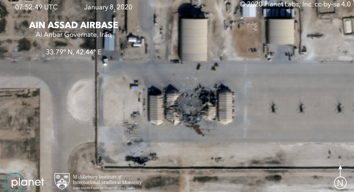 A satellite photo from the commercial company Planet shows damage to at least five structures at the Ain al-Assad air base in Iraq. CREDIT: Planet/MIIS