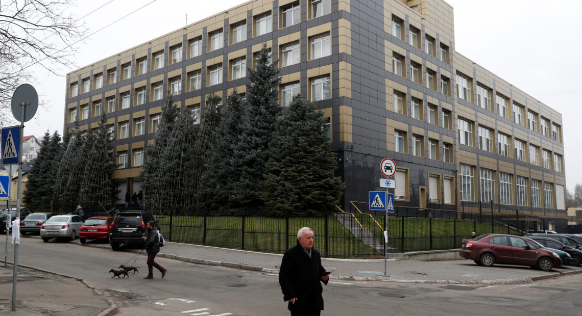 Russian hackers successfully infiltrated emails of employees at Burisma Holdings, a Ukrainian energy company, according to a U.S. security firm. Here, a building is seen in Kyiv that holds the offices of a Burisma subsidiary. CREDIT: Valentyn Ogirenko/Reuters