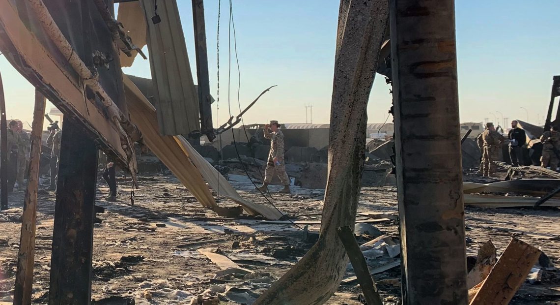 Damage at the al-Asad military base in Iraq, days after a missile attack by Iran. The barrage was in retaliation for the U.S. killing of a top Iranian general in a drone strike in Baghdad on Jan. 3. CREDIT: Ayman Henna/AFP via Getty Images