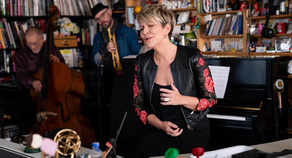 Joyce DiDonato performs during a Tiny Desk concert, on Nov. 11, 2019. (Catie Dull/NPR)