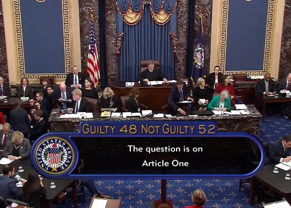 Article 1 of the impeachment, regarding abuse of power, garnered 48 "Guilty" votes, with only Utah Republican Sen. Mitt Romney crossing party lines. CREDIT: Senate Television / screengrab