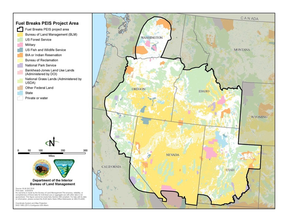 A map of the project area where up to 11,000 miles of fuel breaks may be implemented.  Courtesy of the Bureau of Land Management