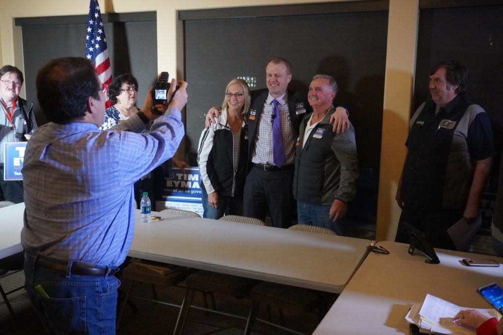 Tim Eyman poses for photos with supporters after a campaign event in Yakima where he announced his run for governor as a Republican, but maintaining anti-establishment persona. CREDIT: Enrique Pérez de la Rosa/NWPB