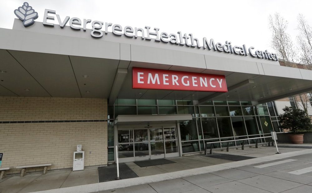 EvergreenHealth Medical Center in Kirkland, Washington, where a person died of COVID-19. State health officials announced the death Saturday, Feb. 29, 2020, marking the first such reported death in the U.S. CREDIT: Elaine Thompson/AP