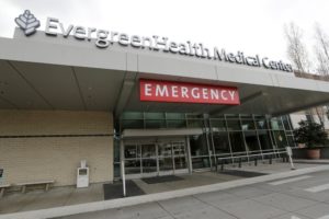 EvergreenHealth Medical Center in Kirkland, Washington, where a person died of COVID-19. State health officials announced the death Saturday, Feb. 29, 2020, marking the first such reported death in the U.S. CREDIT: Elaine Thompson/AP