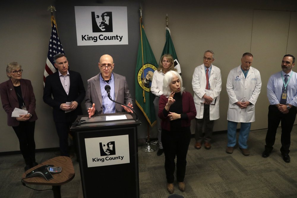 Dr. Jeff Duchin, Health Officer, Public Health for Seattle and King County addresses a news conference, Feb. 29, 2020. A man in his 50s with underlying health conditions became the first coronavirus death on U.S. soil. CREDIT: Elaine Thompson/AP