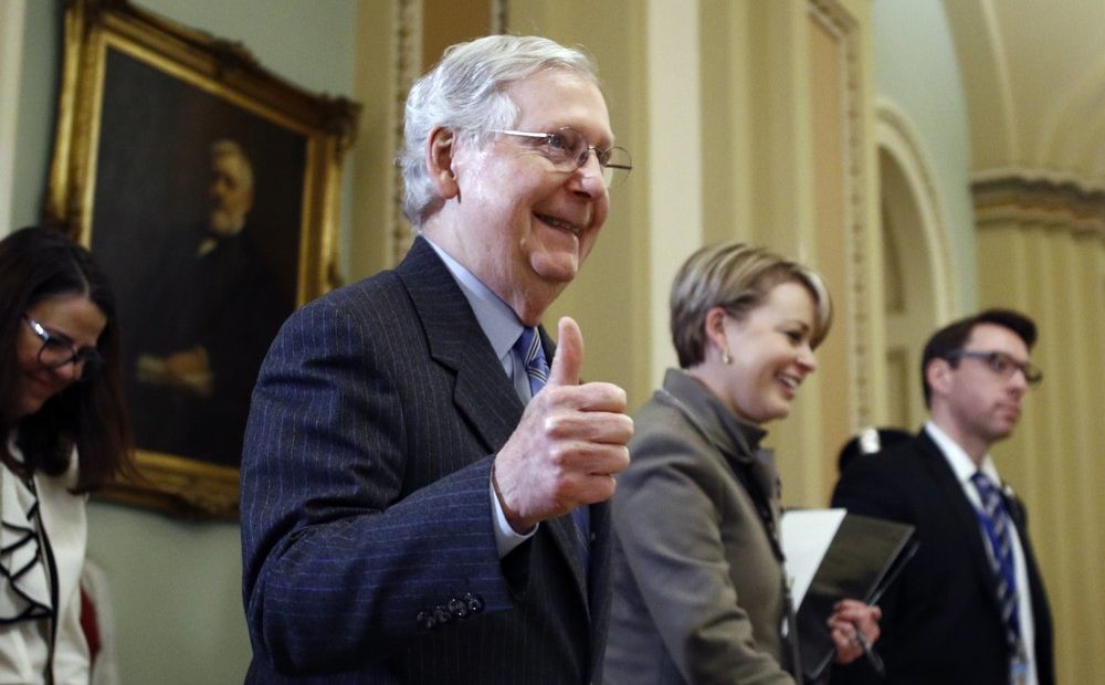 Senate Majority Leader Mitch McConnell, R-Ky., gives a thumbs-up as he leaves the Senate chamber during the impeachment trial of President Donald Trump at the Capitol, Jan. 31, 2020. CREDIT: Steve Helber/AP