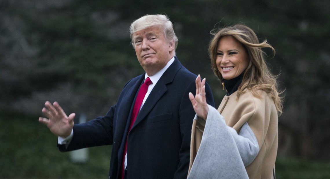 President Trump and first lady Melania Trump walk along the South Lawn as they depart from the White House for a weekend trip to Mar-a-Lago in Florida on Friday, Jan. 31, 2020. CREDIT: Sarah Silbiger/Getty Images
