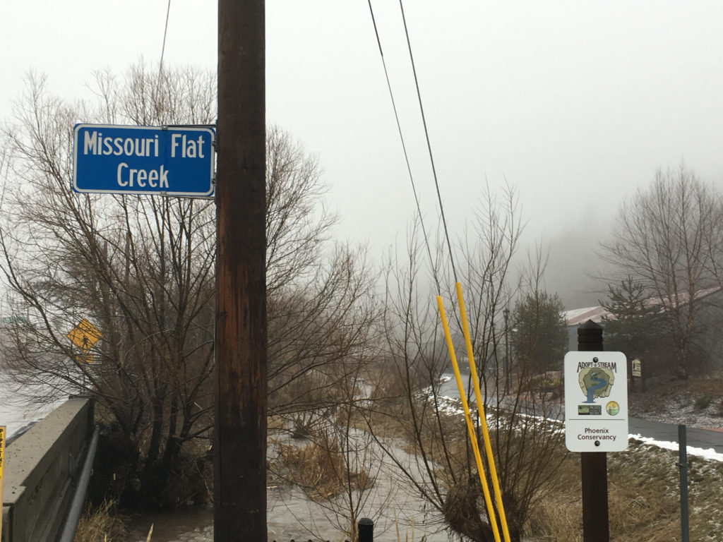 Missouri Flat Creek in Pullman, Washington, on Friday, Feb. 7, 2020. In April 2019, the same creek flooded its banks and overtook the road above, sending cars crashing into nearby buildings. CREDIT: Scott Leadingham/NWPB