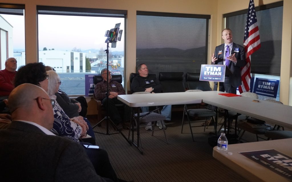 Tim Eyman addresses a crowd of supporters in his home town of Yakima Wednesday, Feb. 12. He announced he’s running for governor of Washington as a Republican, not an independent, as he previously said in November. CREDIT: Enrique Pérez de la Rosa/NWPB