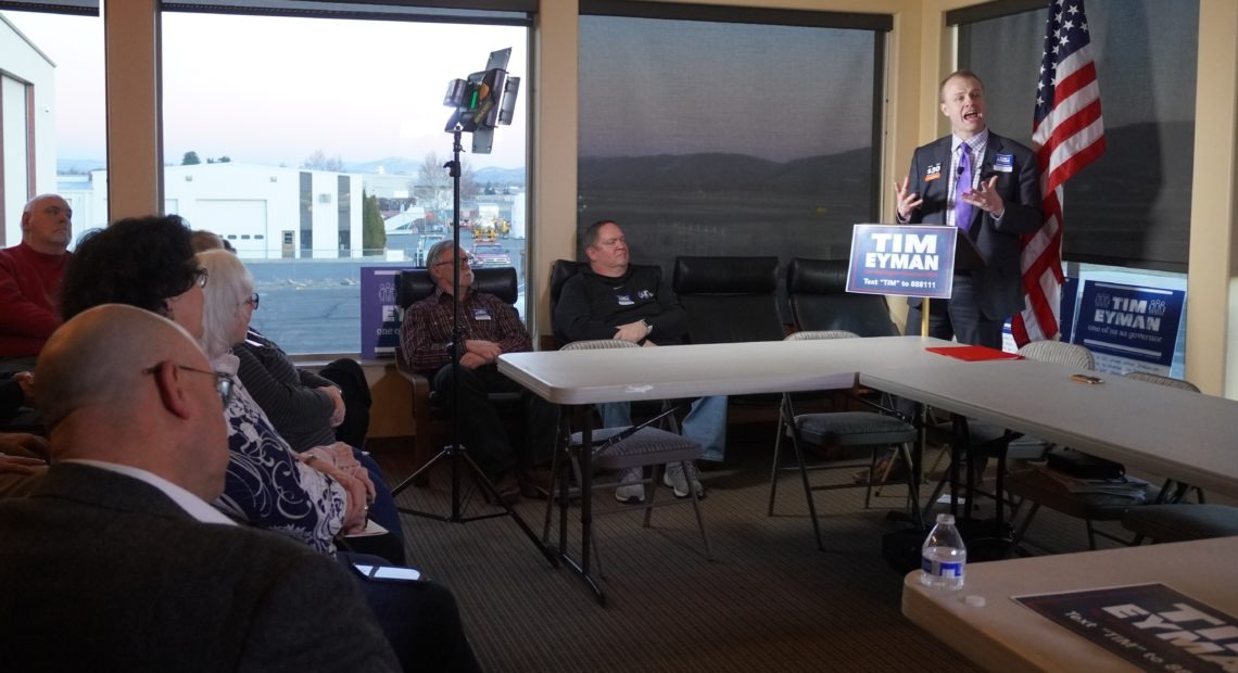 Tim Eyman addresses a crowd of supporters in his home town of Yakima Wednesday, Feb. 12. He announced he’s running for governor of Washington as a Republican, not an independent, as he previously said in November. CREDIT: Enrique Pérez de la Rosa/NWPB