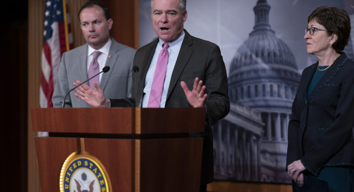 Sen. Tim Kaine, D-Va., (center), Sen. Mike Lee, R-Utah, and Sen. Susan Collins, R-Maine, have been pushing a bipartisan resolution to limit the president's war powers regarding Iran. CREDIT: J. Scott Applewhite/AP