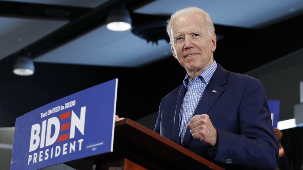 Former Vice President Joe Biden speaks during a caucus night event Saturday in Las Vegas. CREDIT: John Locher/AP