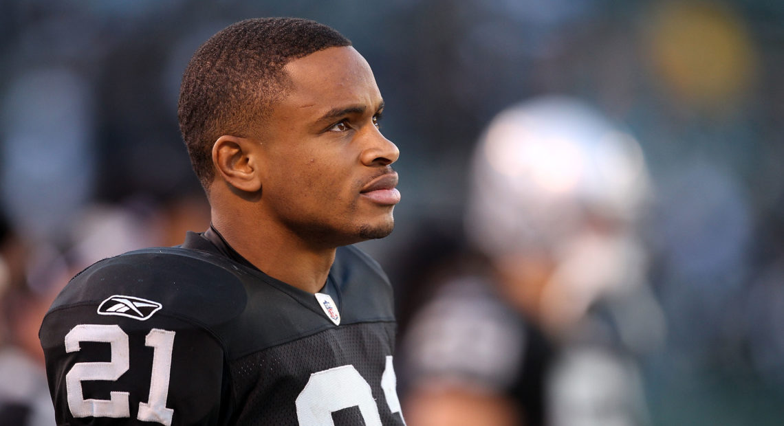 "I'm a student first in everything that I do," says Nnamdi Asomugha. "So it's always about: How can I get the edge mentally?" Asomugha, shown above on the sidelines of an Oakland Raiders game in November 2010, is now making his Broadway debut. Ezra Shaw/Getty Images