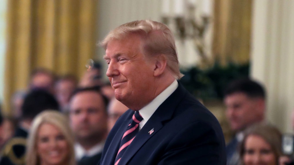 President Trump arrives to speak to the media, one day after the U.S. Senate acquitted on two articles of impeachment, on Thursday, Feb. 6, 2020. CREDIT: Mark Wilson/Getty Images