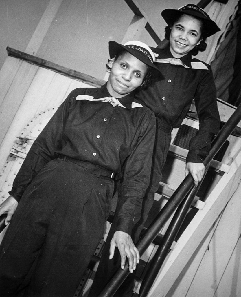 Olivia Hooker (front) with Aileen Anita Cooks (behind) are seen in March 1945 on the USS Commodore, during boot training at Manhattan Beach in Brooklyn, N.Y. Courtesy of U.S. Coast Guard