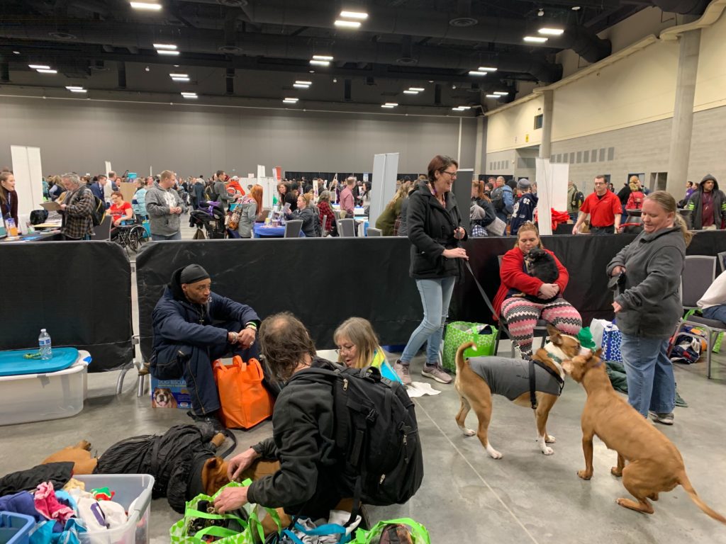 Organizers of the Homeless Connect say the event outgrew its old space at the Salvation Army and had to be moved to the city's large downtown convention center. CREDIT: Kirk Siegler/NPR