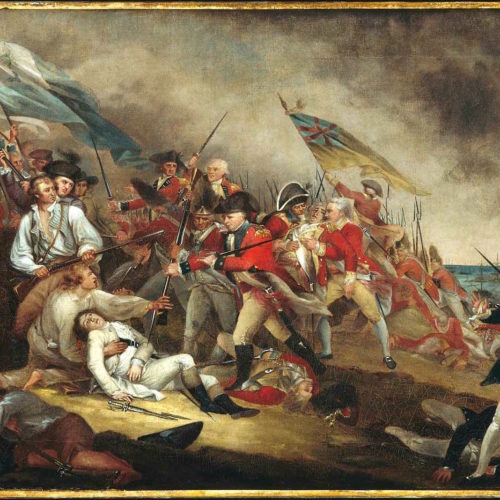 John Trumbull's painting The Death of General Warren at the Battle of Bunker Hill. Peter Salem is thought to be the figure in the lower right. From the Boston Museum of Fine Arts