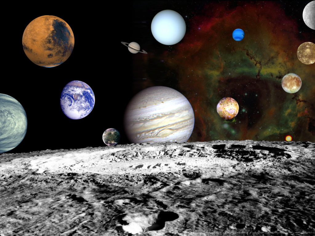 A montage of images taken by the Voyager spacecraft of the planets and four of Jupiter's moons, set against a false-color Rosette Nebula with Earth's moon in the foreground. CREDIT: NASA