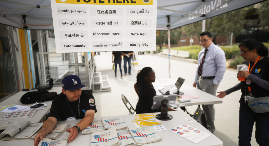 California holds early voting at a new LA County mobile vote center on Feb. 27 in Los Angeles. The state's presidential primary is on Super Tuesday, March 3. Mario Tama/Getty Images
