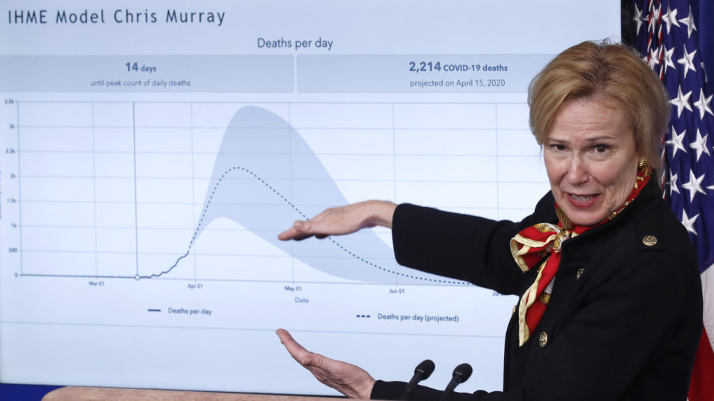 Dr. Deborah Birx, White House coronavirus response coordinator, discussed one of the models used to estimate potential deaths from coronavirus in U.S. during a briefing Tuesday. CREDIT: Alex Brandon/AP