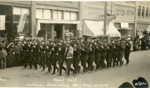 A naval unit in Pullman, Washington, on Nov. 11, 1918, celebrating the end of World War I. Courtesy of the Franks Collection, Northwest Museum of Arts and Culture