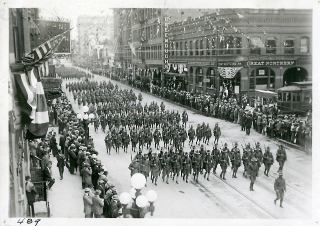 An undated photo of military parade in downtown Spokane in 1918. Courtesy of the Northwest Museum of Arts and Culture