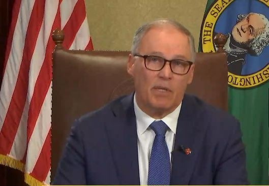 Washington Gov. Jay Inslee announced a statewide "stay at home" order Monday, March 23, with exceptions for essential travel, jobs, grocery shopping and exercise. He implored residents to maintain social distancing in the interest of public health. CREDIT: TVW