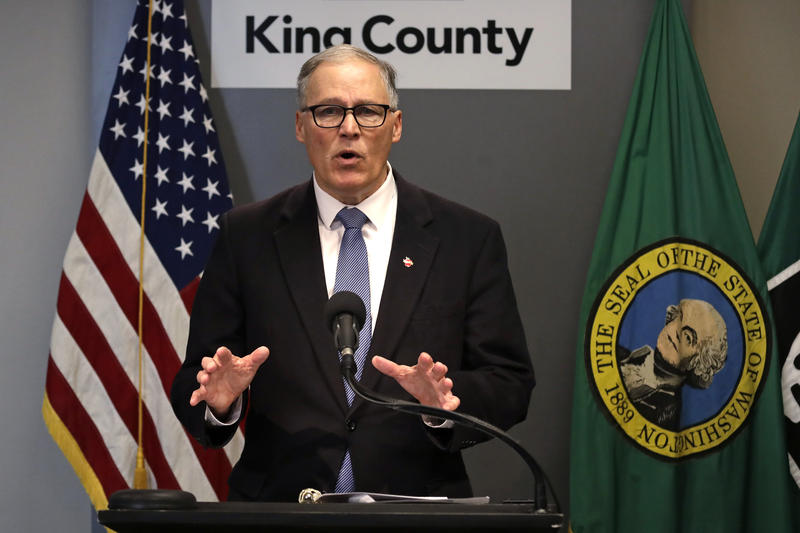 Washington Gov. Jay Inslee addresses a news conference about the coronavirus outbreak Monday, March 16, 2020, in Seattle. Inslee ordered all bars, restaurants, entertainment and recreation facilities to temporarily close to fight the spread of COVID-19 in the state with by far the most deaths in the U.S. from the disease. CREDIT: Elaine Thompson/AP