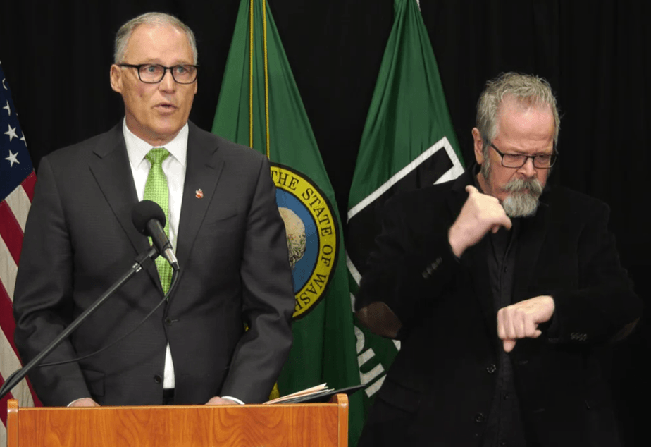 Gov. Jay Inslee announces a ban on large events and gatherings of more than 250 people in King, Snohomish, and Pierce counties on Wednesday, March 11, 2020. CREDIT: King County TV
