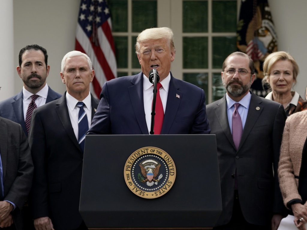 President Trump holds a news conference about the ongoing global coronavirus pandemic in the Rose Garden at the White House on Friday. CREDIT: Drew Angerer/Getty Images