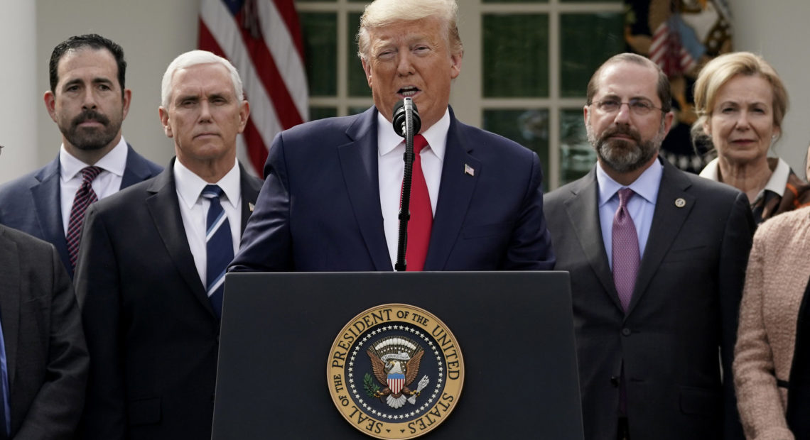 President Trump holds a news conference about the ongoing global coronavirus pandemic in the Rose Garden at the White House on Friday. CREDIT: Drew Angerer/Getty Images