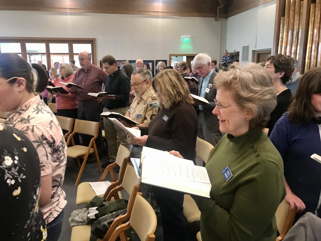 Church members at Richland’s Shalom United Church of Christ sing environmental hymns during a service on Feb. 9, 2020, that addressed environmental issues, such as climate change. CREDIT: Courtney Flatt/NWPB