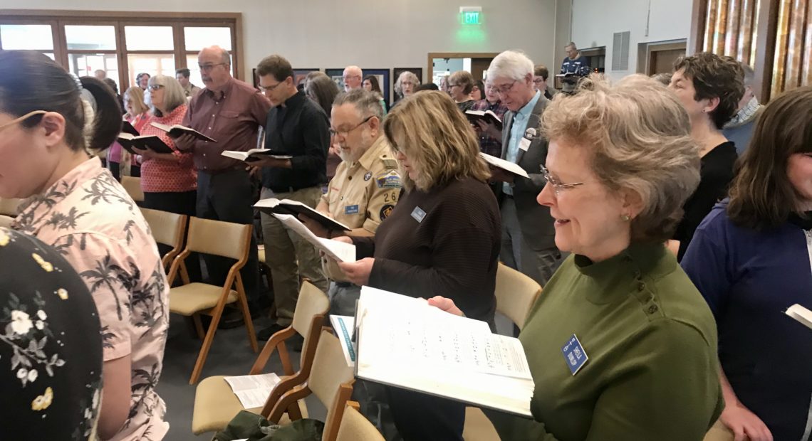 Church members at Richland’s Shalom United Church of Christ sing environmental hymns during a service on Feb. 9, 2020, that addressed environmental issues, such as climate change. CREDIT: Courtney Flatt/NWPB