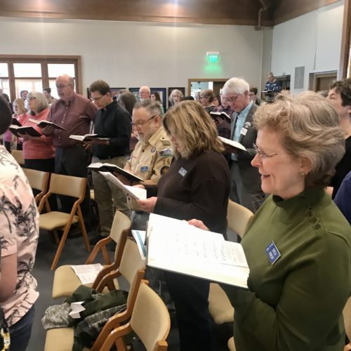Church members at Richland’s Shalom United Church of Christ sing environmental hymns during a service on Feb. 9, 2020, that addressed environmental issues, such as climate change. CREDIT: Courtney Flatt/NWPB