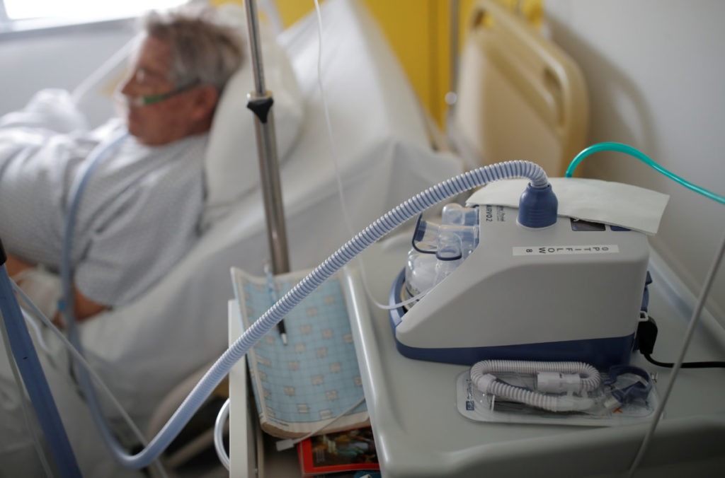 A nasal ventilator is pictured as a patient suffering from coronavirus disease (COVID-19) is treated in a pulmonology unit at the hospital in Vannes, France