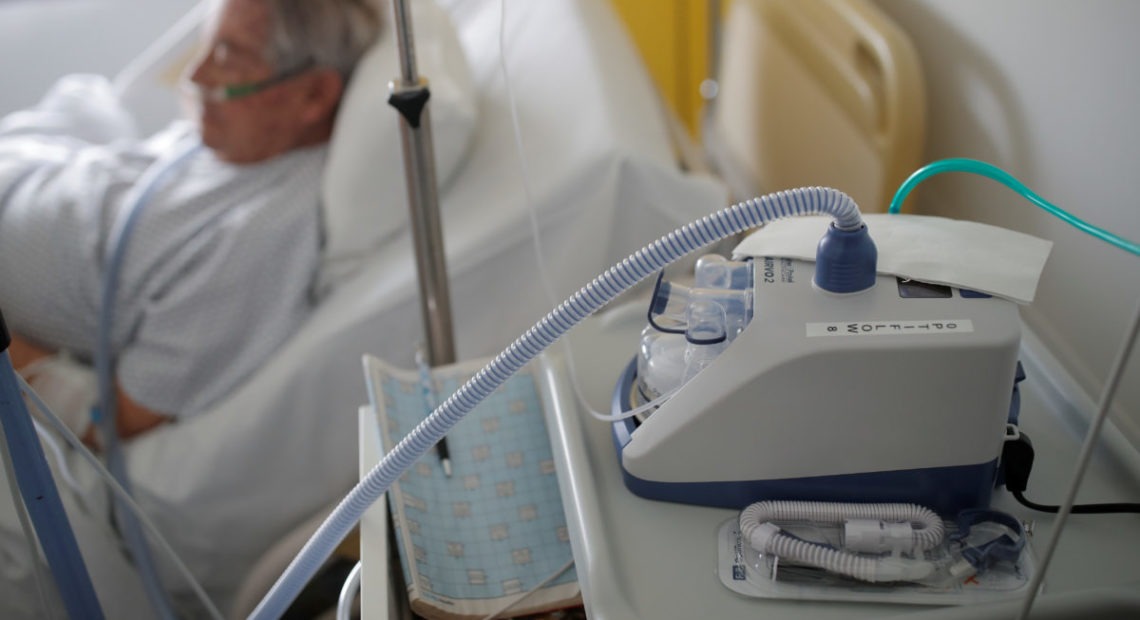 A nasal ventilator is pictured as a patient suffering from coronavirus disease (COVID-19) is treated in a pulmonology unit at the hospital in Vannes, France