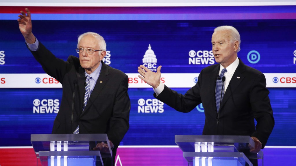 Sen. Bernie Sanders and former Vice President Joe Biden, seen here at the South Carolina Democratic debate, square off Tuesday in states including Idaho and Washington.