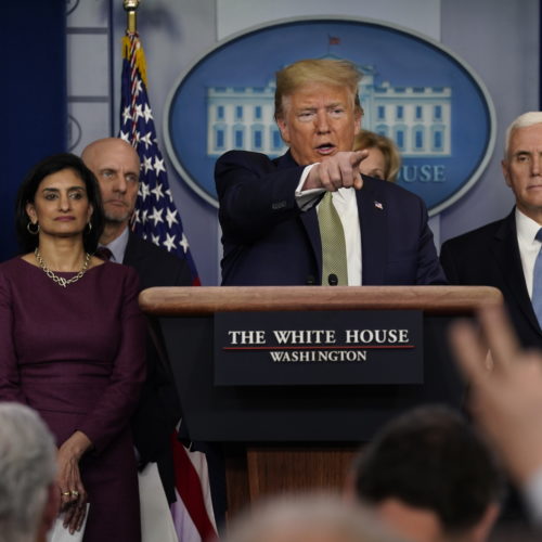 President Donald Trump speaks Tuesday during a press briefing with the coronavirus task force at the White House. Evan Vucci/AP