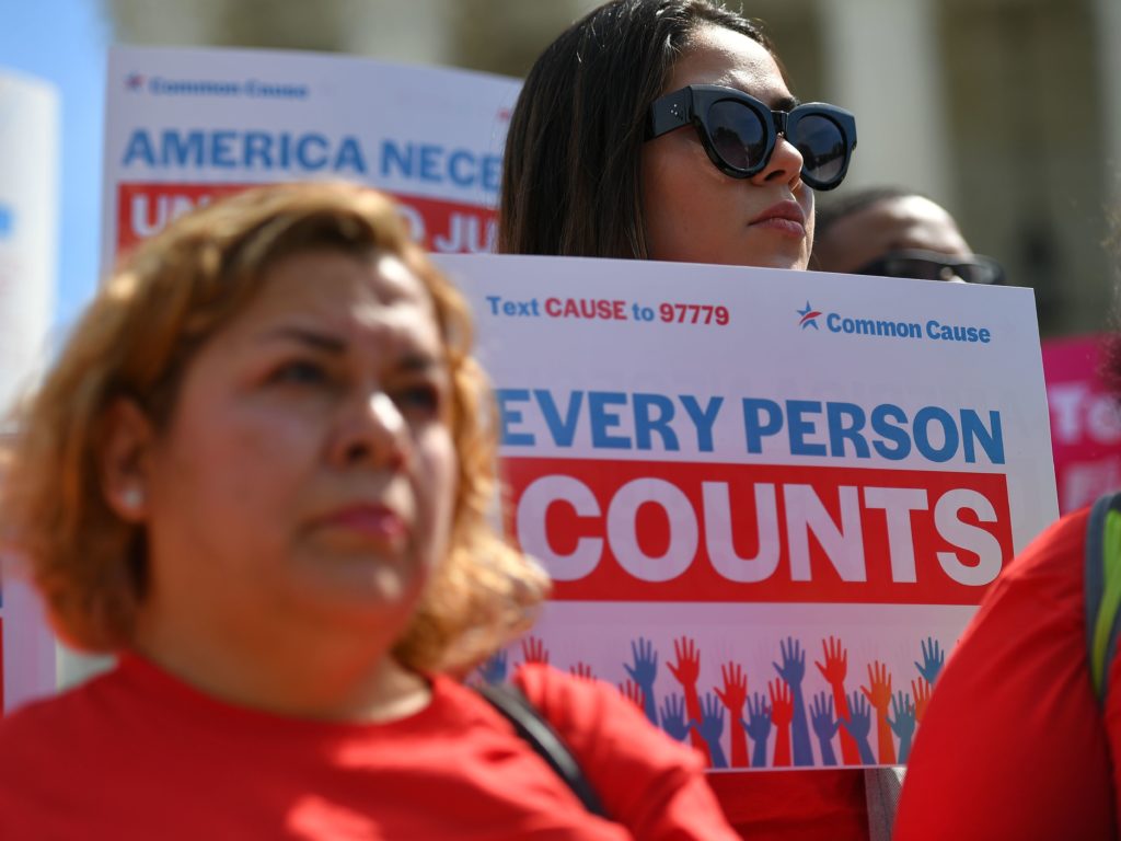 Demonstrators rally in Washington, D.C., in April 2019 against the now-blocked citizenship question that the Trump administration tried and failed to get on the 2020 census forms. CREDIT: Mandel Ngan/AFP via Getty Images