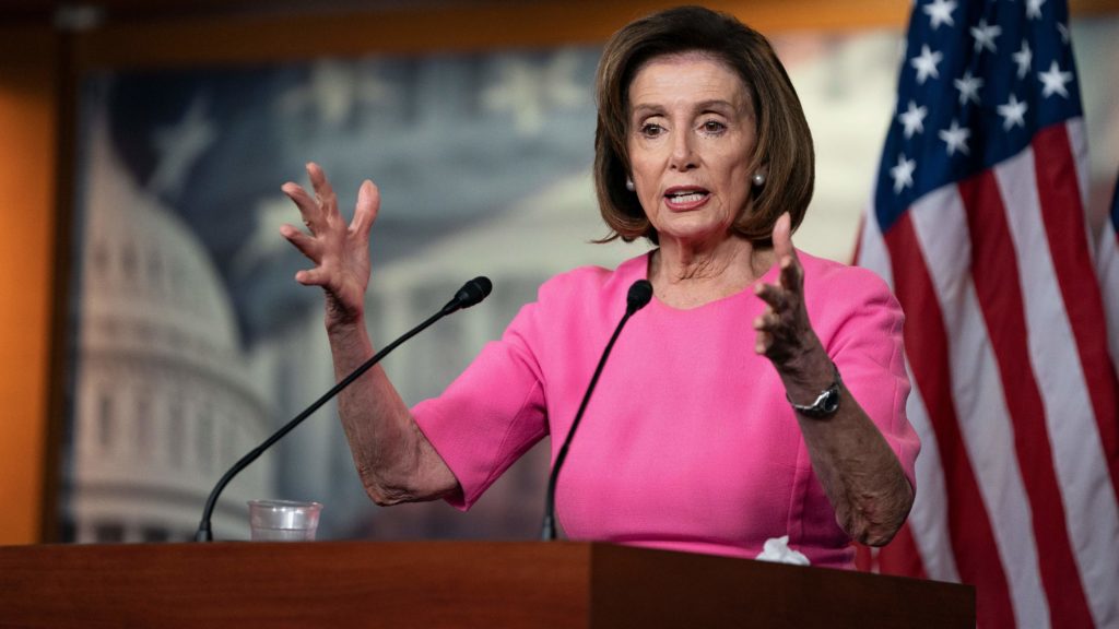 House Speaker Nancy Pelosi speaks with reporters during her weekly press conference at the Capitol on Wednesday. Alex Edelman/AFP via Getty Images