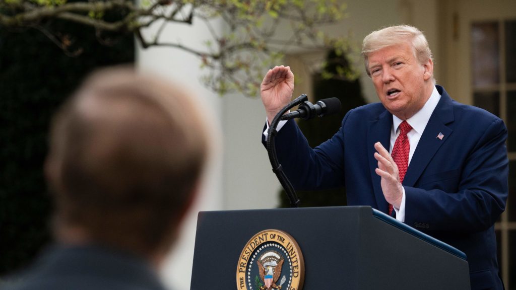 President Trump speaks in the Rose Garden for the daily coronavirus briefing at the White House on Sunday. CREDIT: Jim Watson/AFP via Getty Images