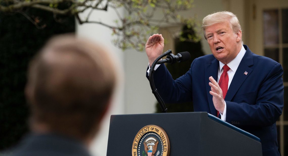 President Trump speaks in the Rose Garden for the daily coronavirus briefing at the White House on Sunday. CREDIT: Jim Watson/AFP via Getty Images