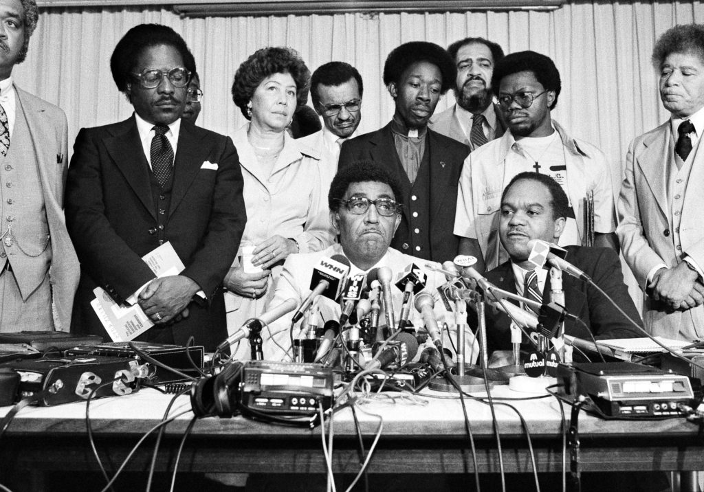 Southern Christian Leadership Conference President Dr. Joseph E. Lowery seated center, at a press conference at the U.N. Church Center in New York, 1979. CREDIT: Lederhandler/AP