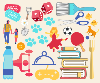 A colorful graphic with hobbies people can do at home such as exercising, dancing, reading, art, and crafting