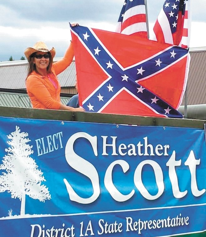 Idaho Rep. Heather Scott sparked controversy in 2015 when she posed with a Confederate flag on her campaign float at Priest River, Idaho's Timber Days parade.