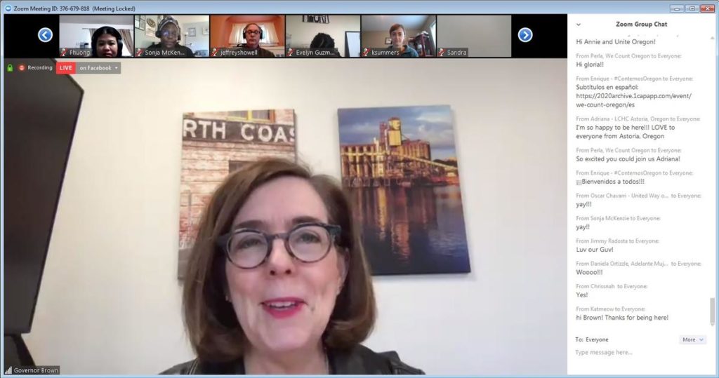 Oregon Gov. Kate Brown addressed a virtual Census Day party on Wednesday that was originally envisioned as an in-person event before the coronavirus outbreak.