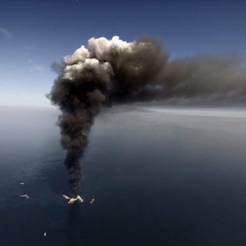 Oil in the Gulf of Mexico as the Deepwater Horizon oil rig burns