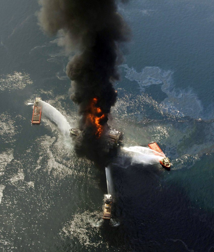 The Deepwater Horizon oil rig burning